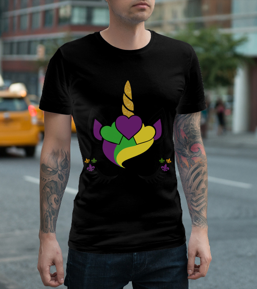 Mardi Gras Unicorn with Fleur-de-Lis Elements and Glitter Horn T-Shirt