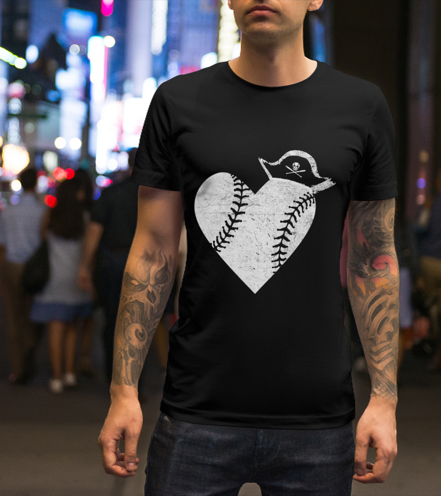 Vintage Pirate Heart Baseball Skull T-Shirt