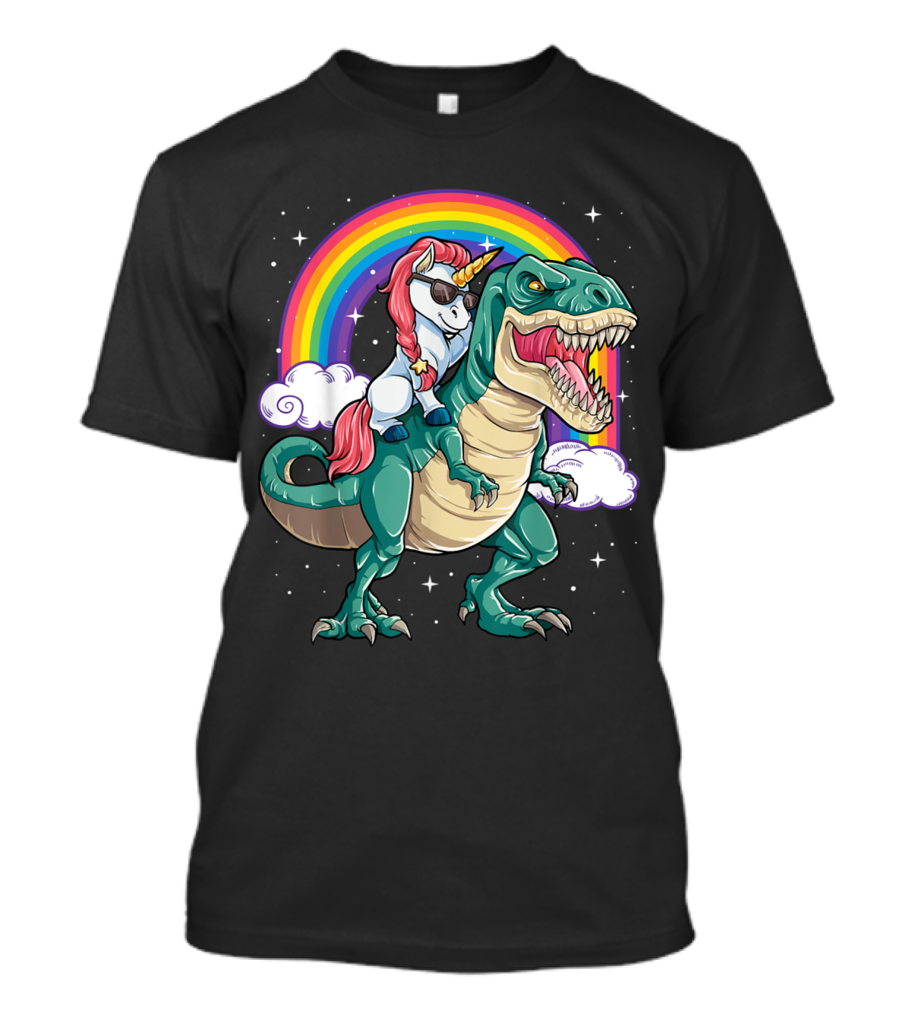 Unicorn Wearing Sunglasses Riding T-Rex With Rainbow And Stars T-Shirt