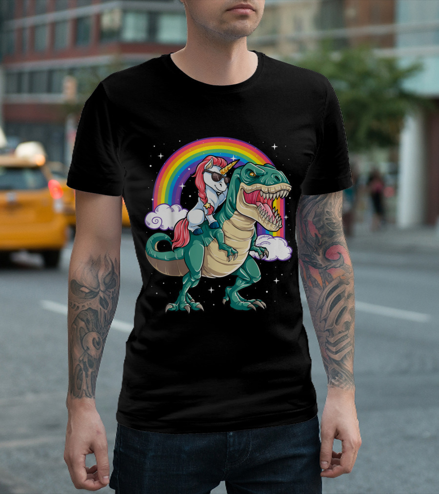 Unicorn Wearing Sunglasses Riding T-Rex With Rainbow And Stars T-Shirt
