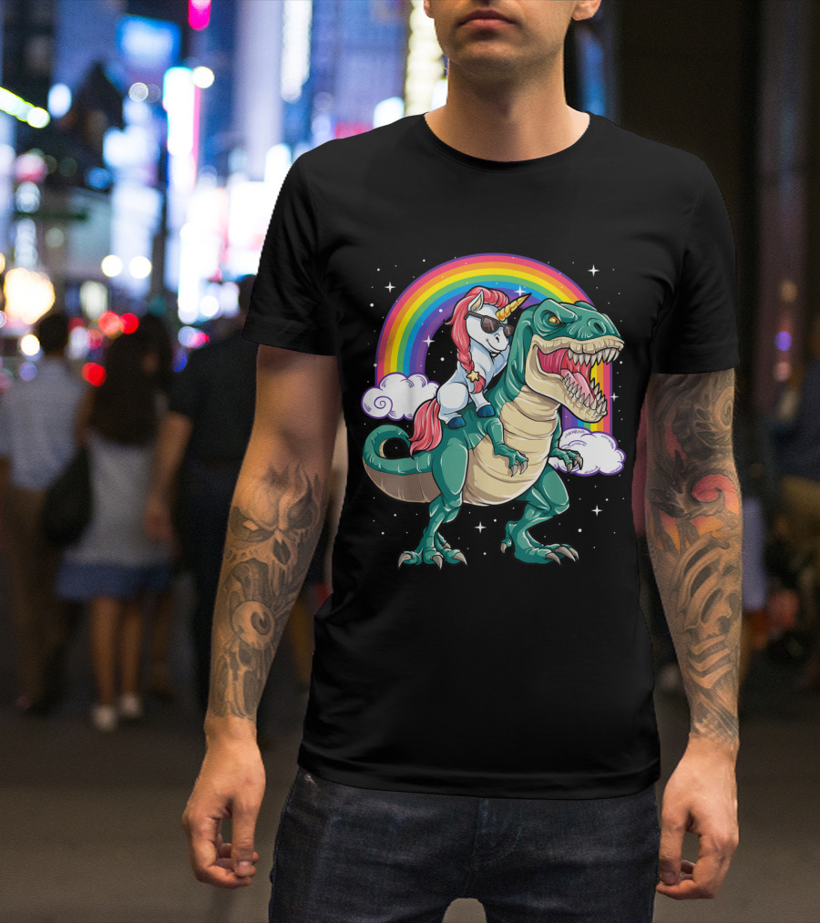 Unicorn Wearing Sunglasses Riding T-Rex With Rainbow And Stars T-Shirt