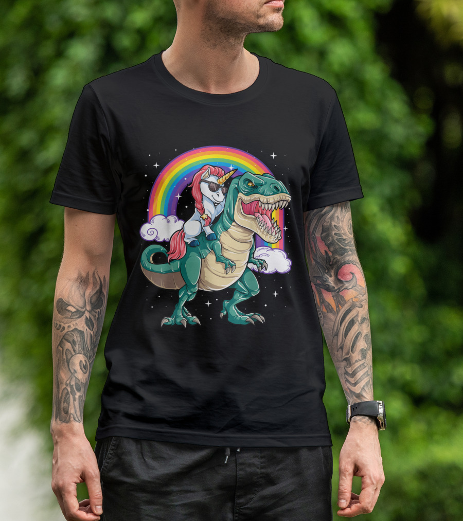 Unicorn Wearing Sunglasses Riding T-Rex With Rainbow And Stars T-Shirt