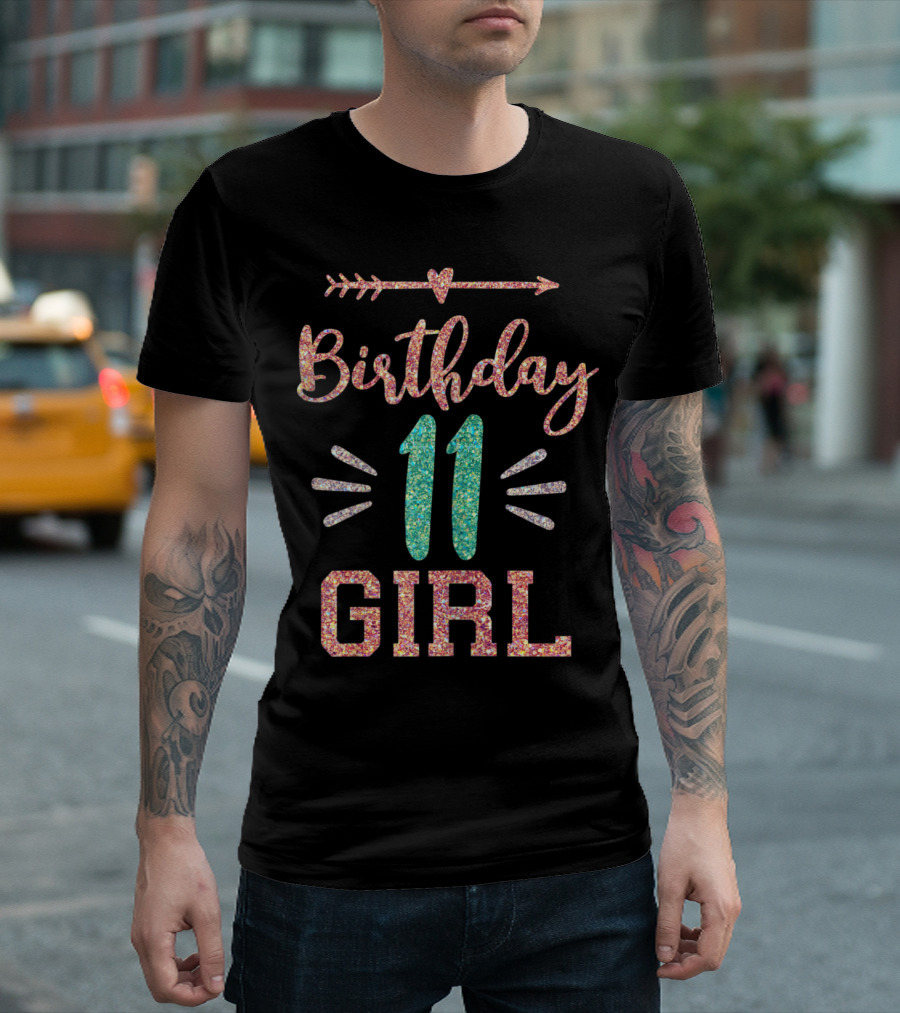 Birthday 11 Girl Arrow Glitter Text T-Shirt