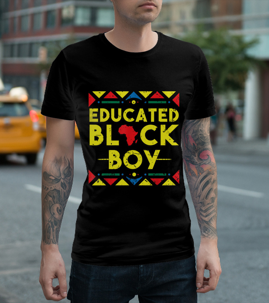 Educated Black Boy African Black History Text With Africa Map Icon And Colorful Tribal T-Shirt