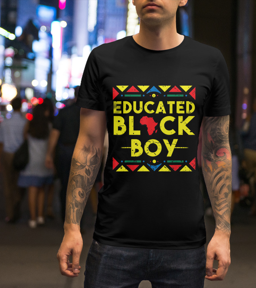 Educated Black Boy African Black History Text With Africa Map Icon And Colorful Tribal T-Shirt