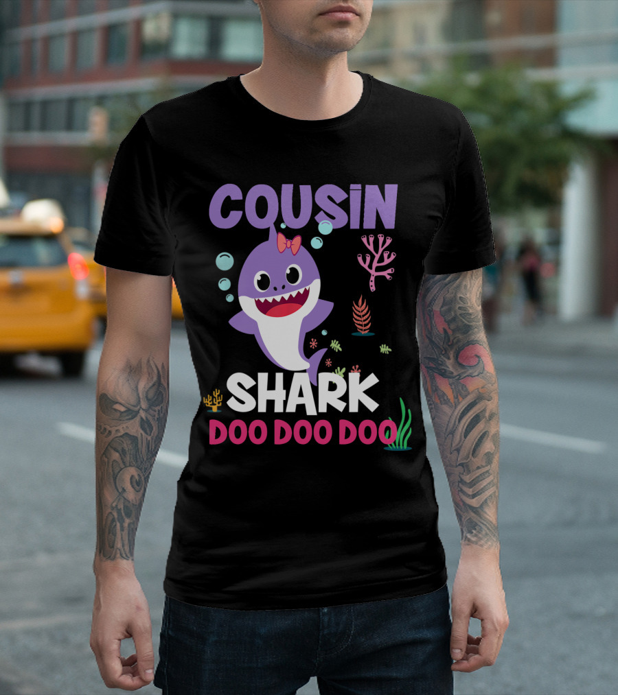 Cousin Shark Doo Doo Doo with Cute Cartoon Purple Shark and Sea Plants T-Shirt