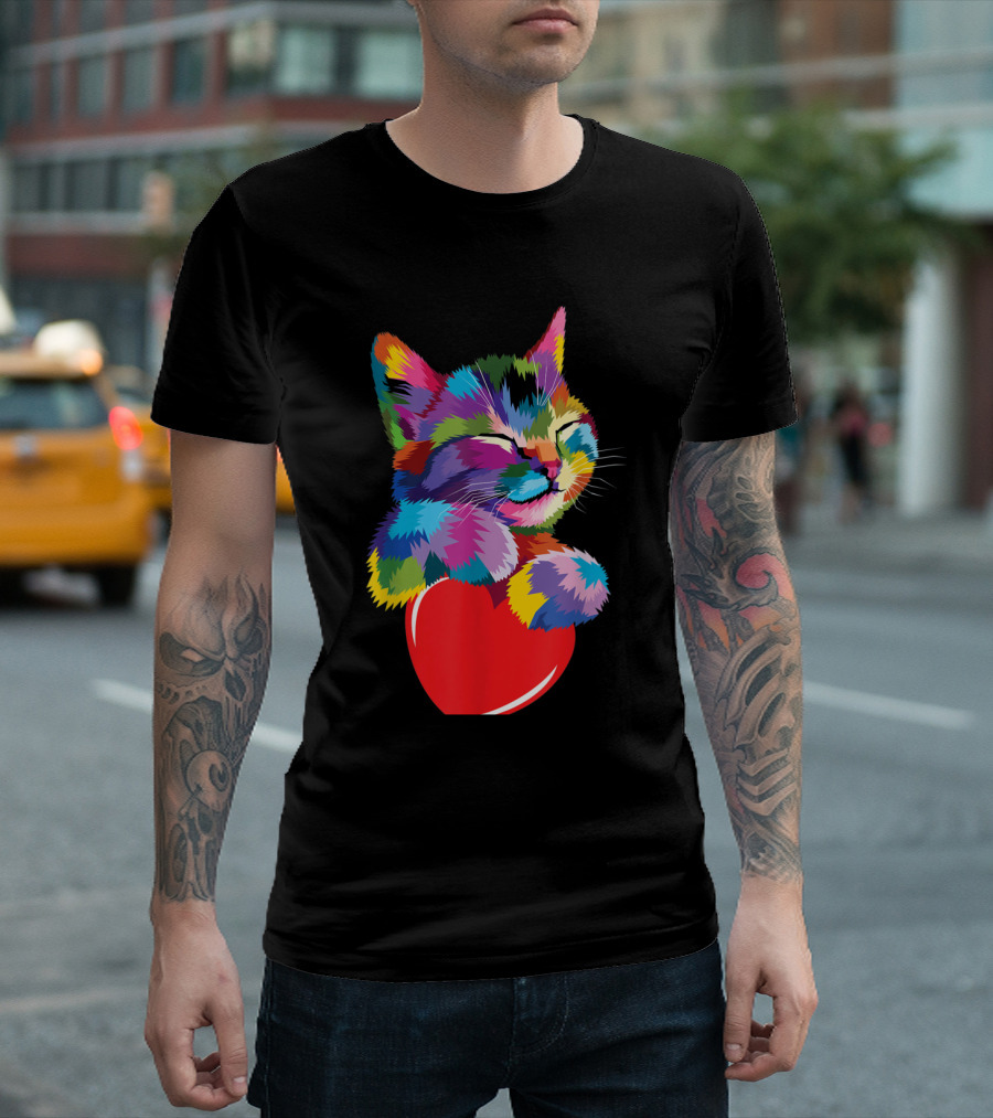 Colorful Cute Cat with Heart for Kitten Lovers T-Shirt