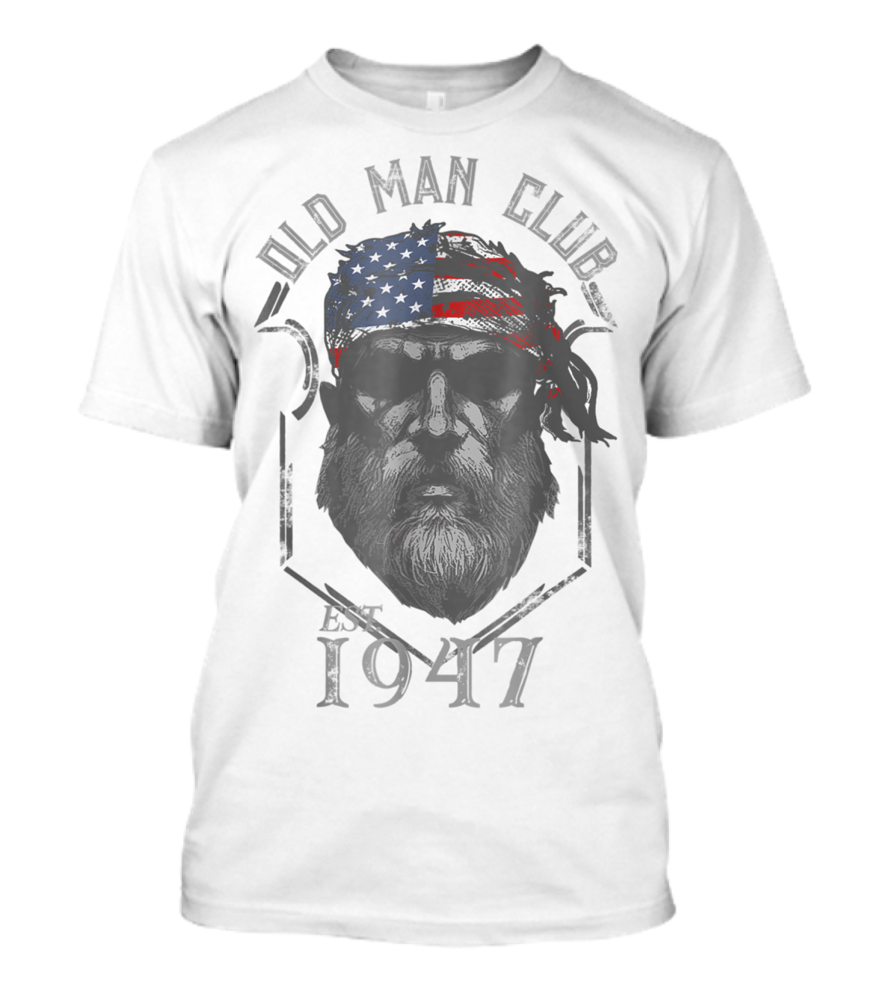 Old Man Club Est 1947 American Flag Bandana Sunglasses Beard T-Shirt