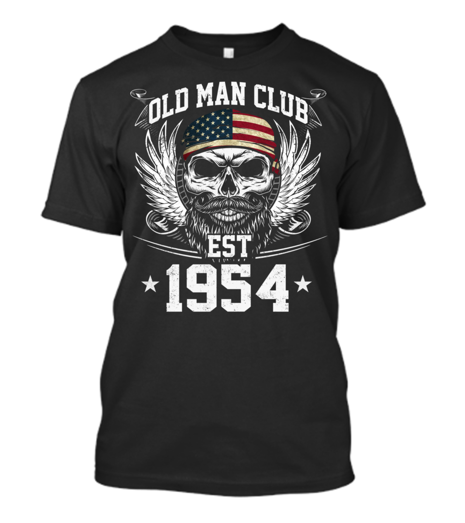 Old Man Club Est 1954 Skull With American Flag Bandana And Wings T-Shirt