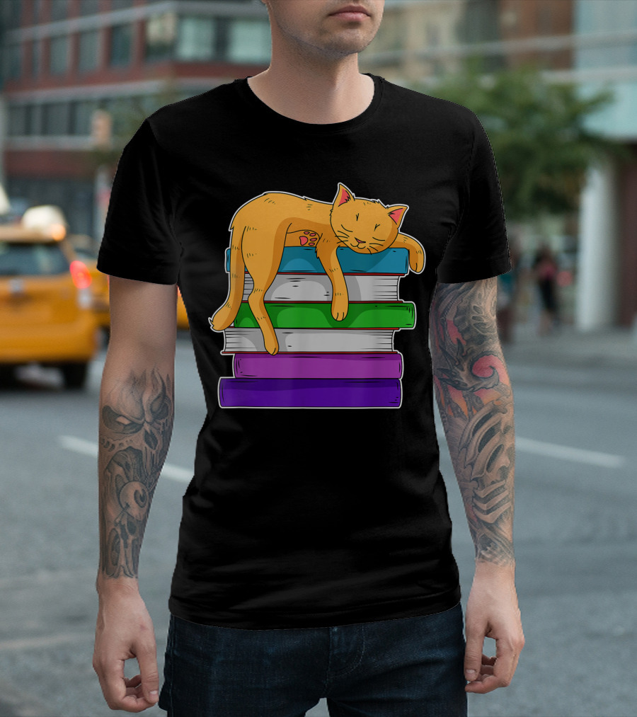 Reading Cat Library Book Club Books And Cats Cozy Feline on Colorful Stacked Books T-Shirt