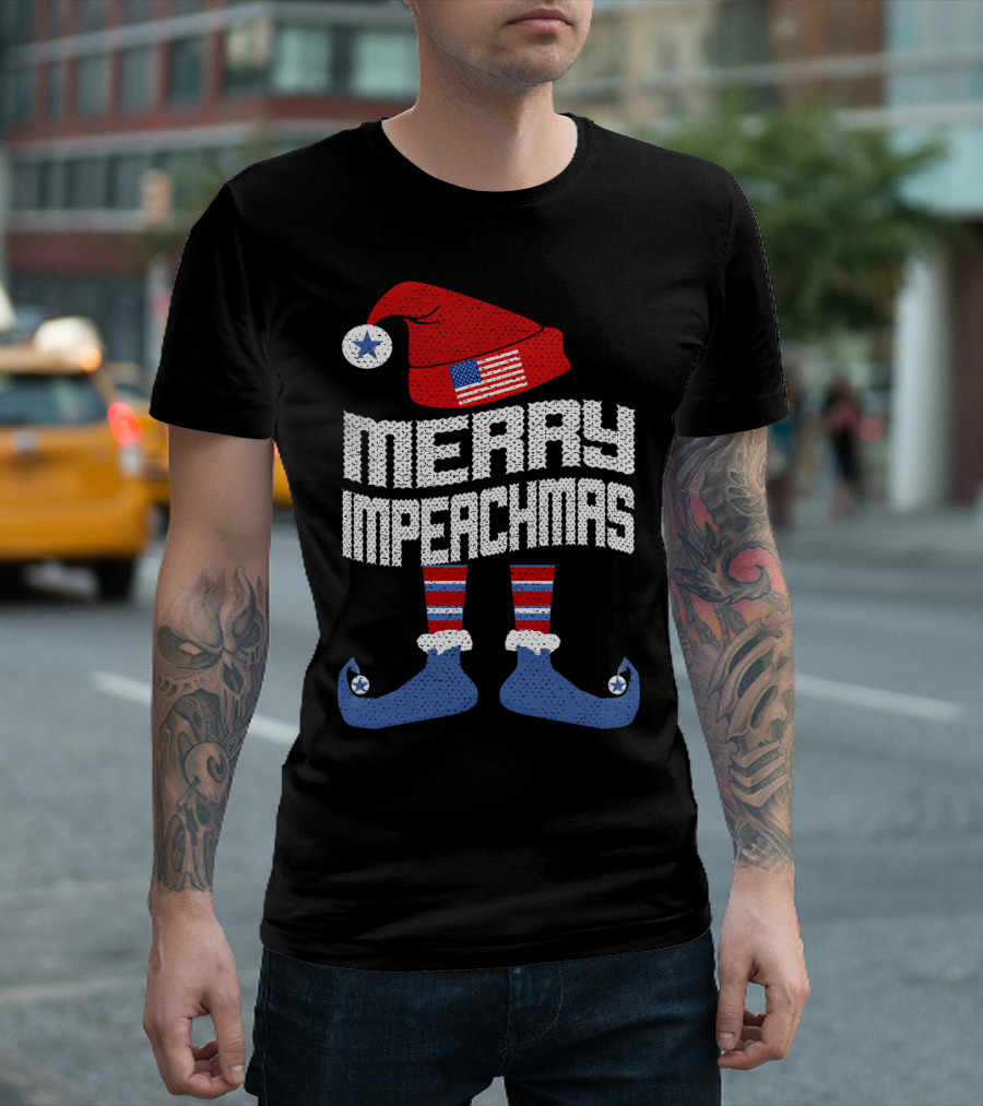 Merry Impeachmas Anti Trump Impeachment Elf American Flag Christmas Hat T-Shirt