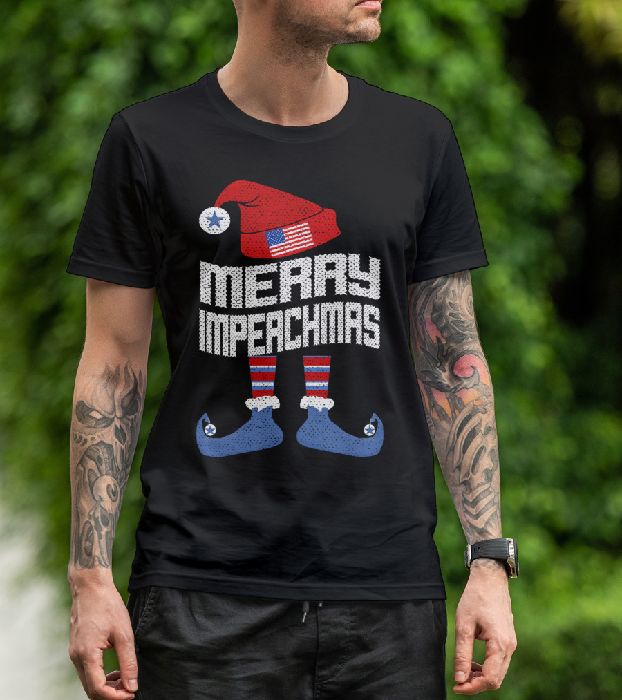Merry Impeachmas Anti Trump Impeachment Elf American Flag Christmas Hat T-Shirt