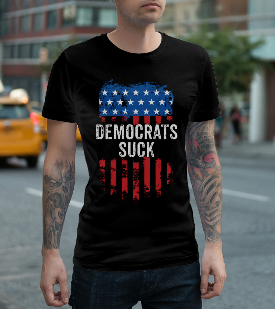Democrats Suck Distressed Vintage American Flag Stars Stripes T-Shirt