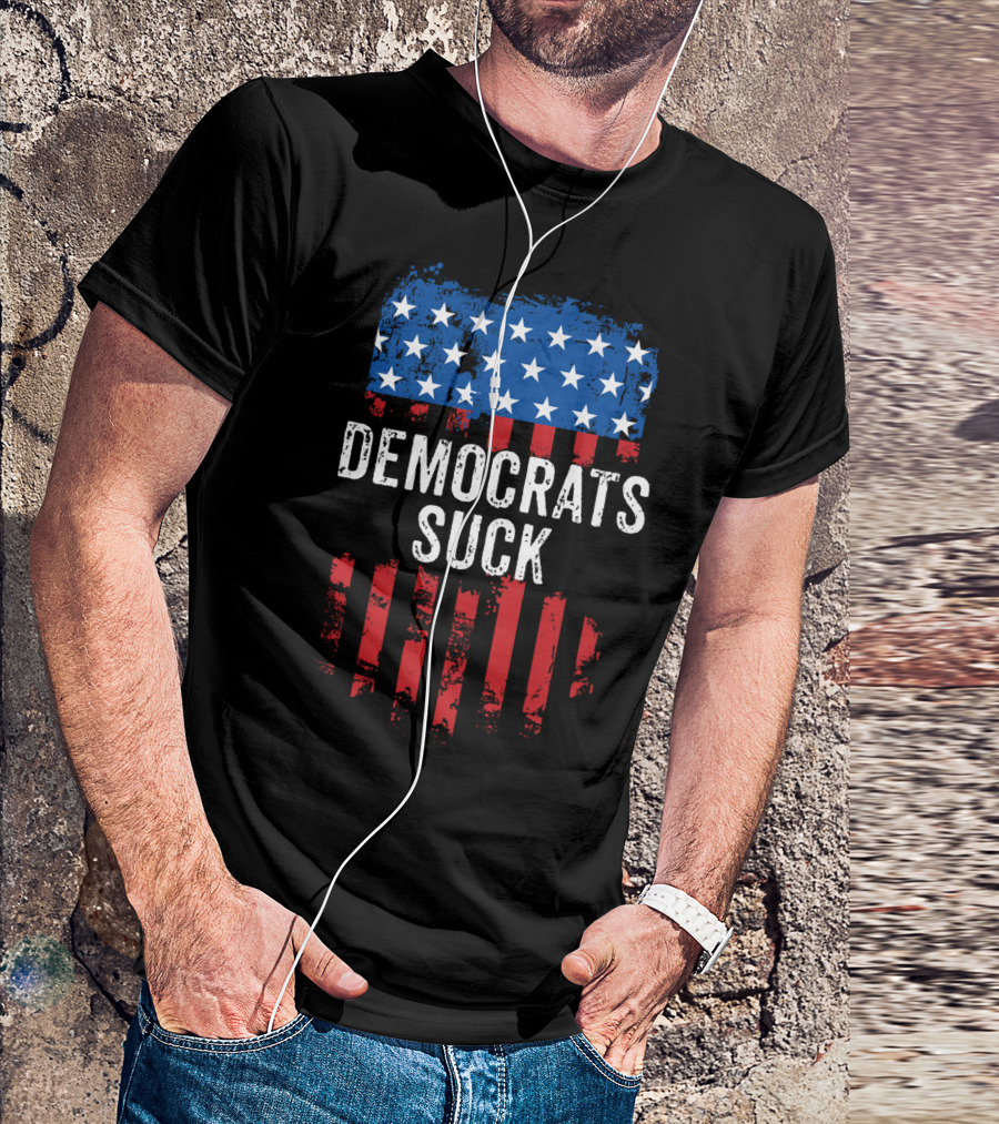 Democrats Suck Distressed Vintage American Flag Stars Stripes T-Shirt