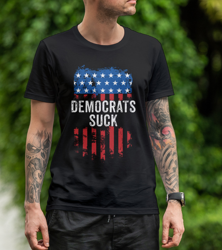 Democrats Suck Distressed Vintage American Flag Stars Stripes T-Shirt