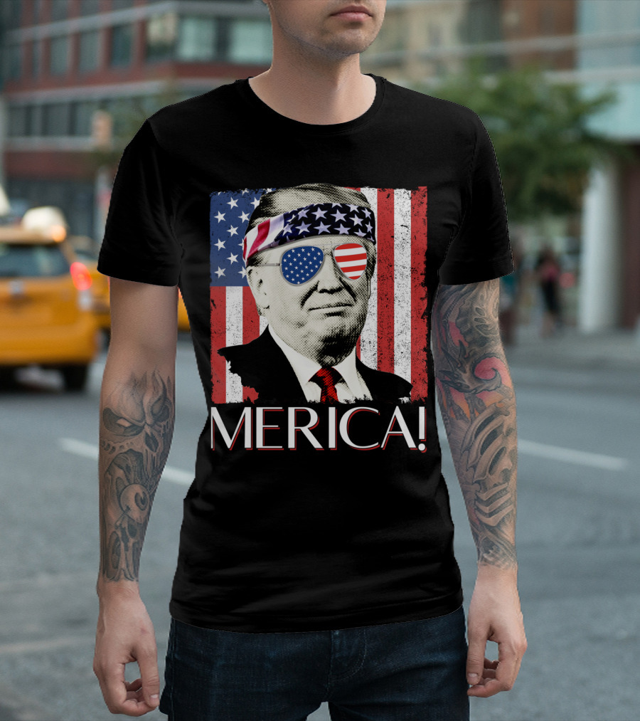 Donald Trump 'Merica Flag Bandana And Sunglasses With American Flag Background T-Shirt