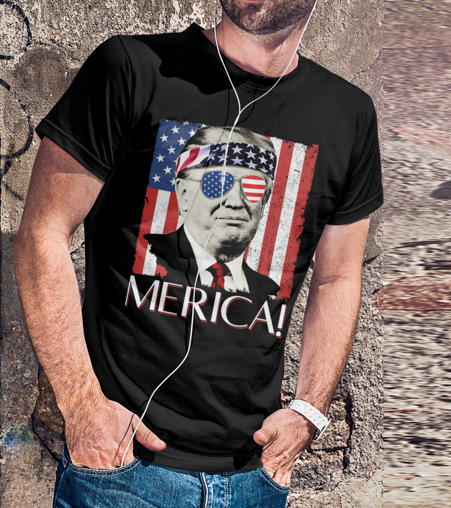 Donald Trump 'Merica Flag Bandana And Sunglasses With American Flag Background T-Shirt