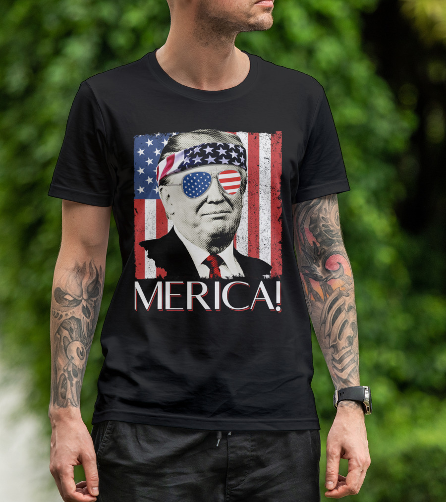 Donald Trump 'Merica Flag Bandana And Sunglasses With American Flag Background T-Shirt
