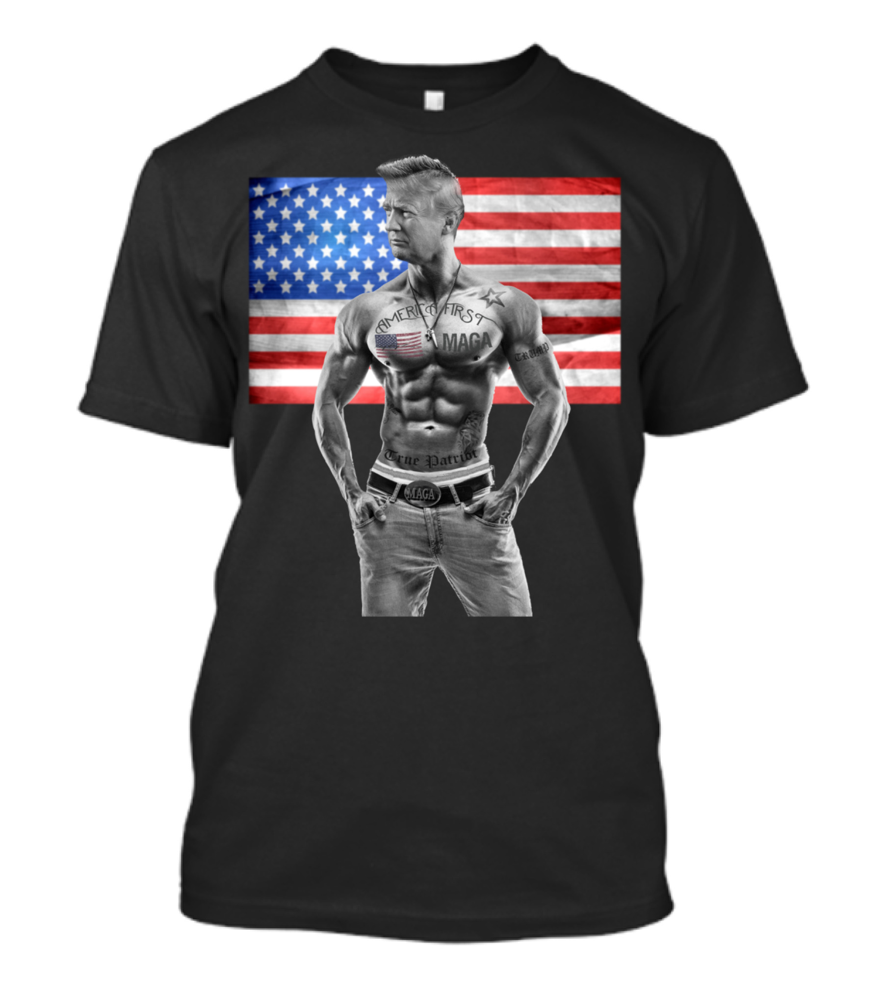 America First Tattooed Bodybuilder With USA Flag Background T-Shirt