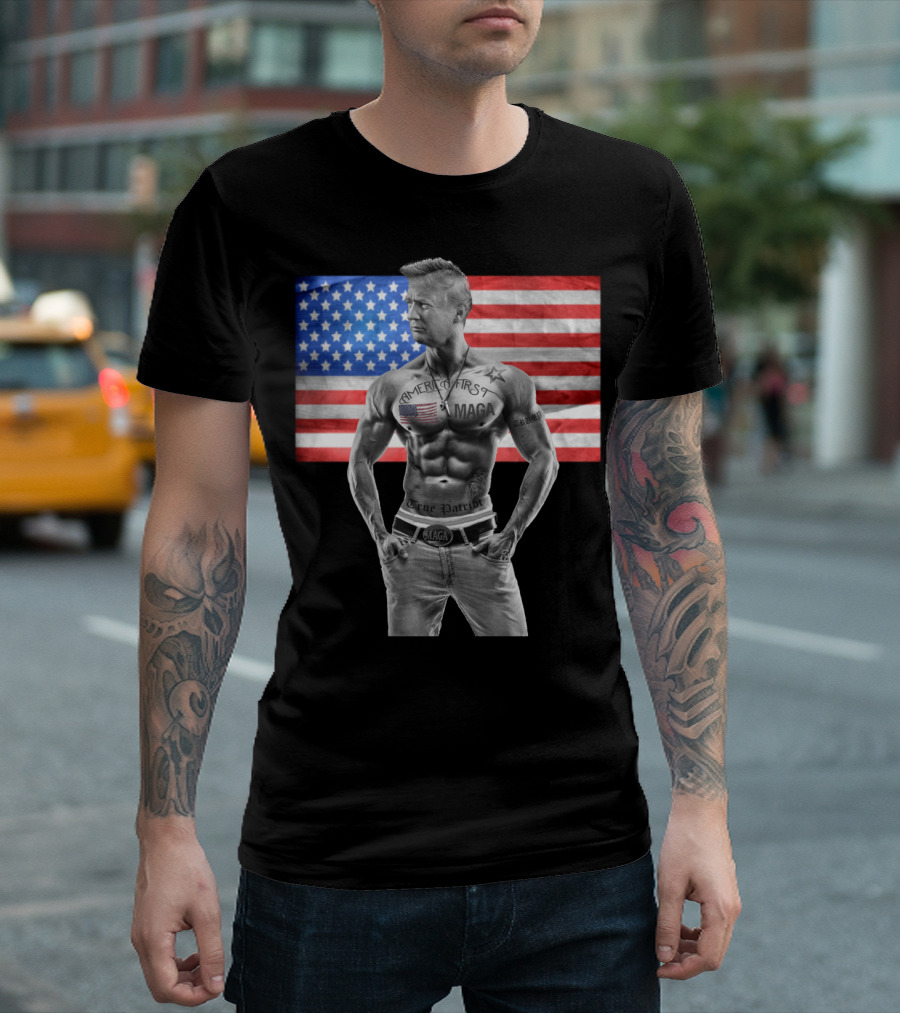 America First Tattooed Bodybuilder With USA Flag Background T-Shirt