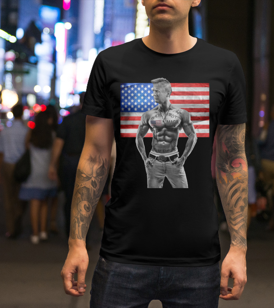 America First Tattooed Bodybuilder With USA Flag Background T-Shirt