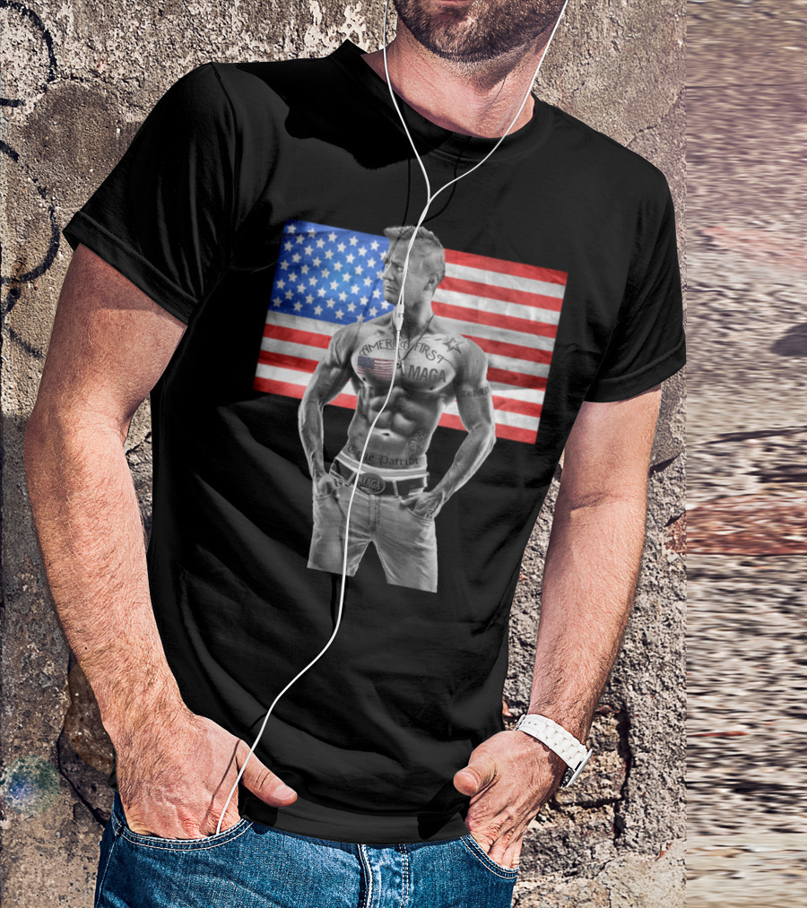 America First Tattooed Bodybuilder With USA Flag Background T-Shirt