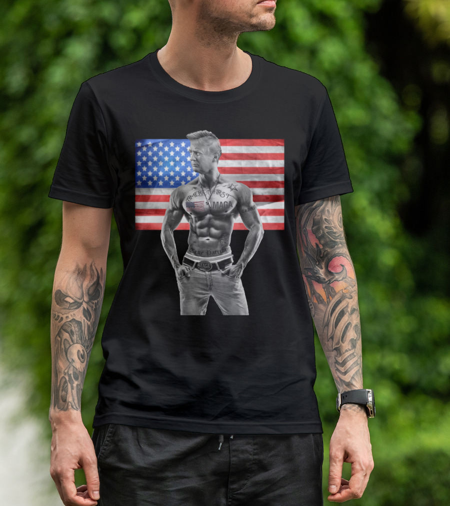 America First Tattooed Bodybuilder With USA Flag Background T-Shirt