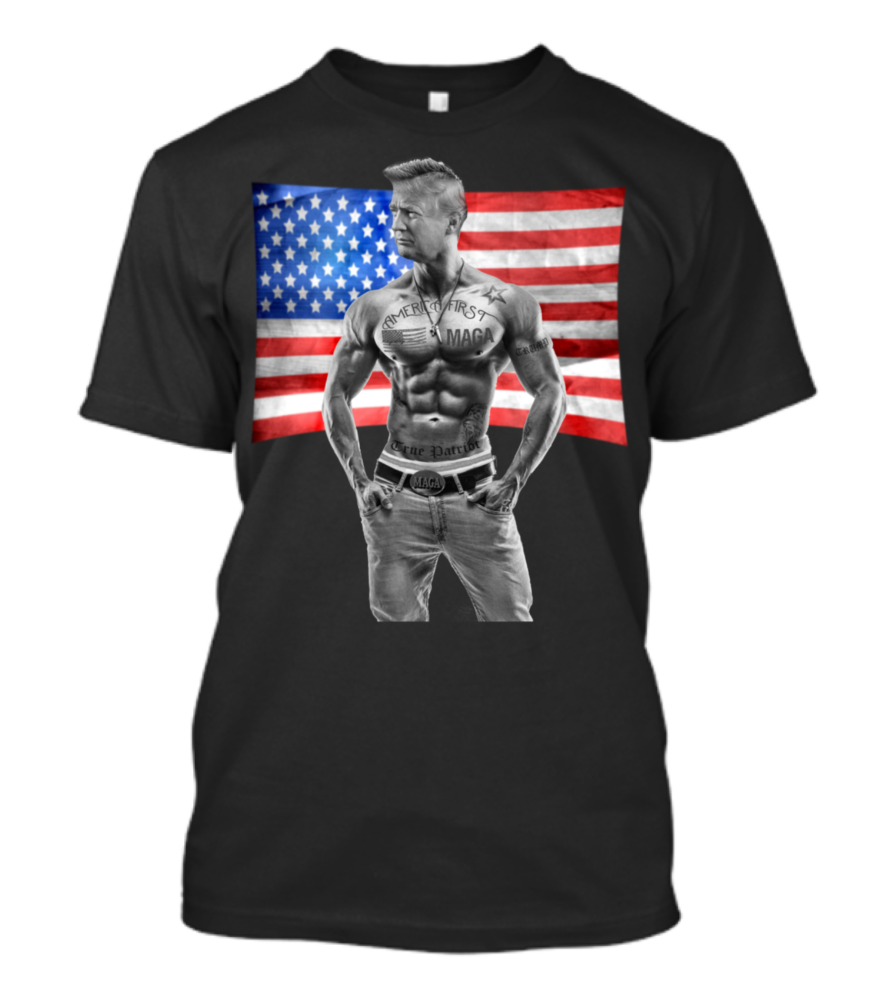 Gangster Trump America First Tattoo Muscles Pro Republican MAGA Belt True Patriot USA Flag T-Shirt