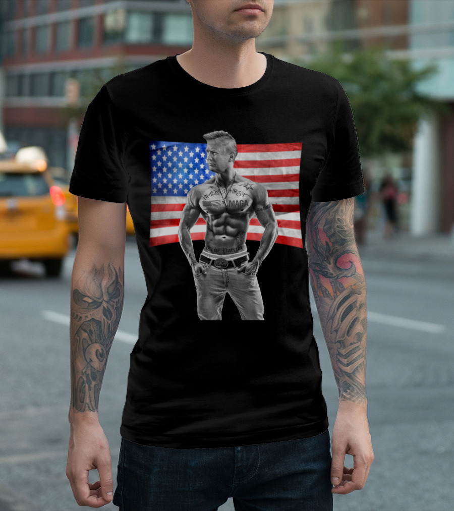 Gangster Trump America First Tattoo Muscles Pro Republican MAGA Belt True Patriot USA Flag T-Shirt