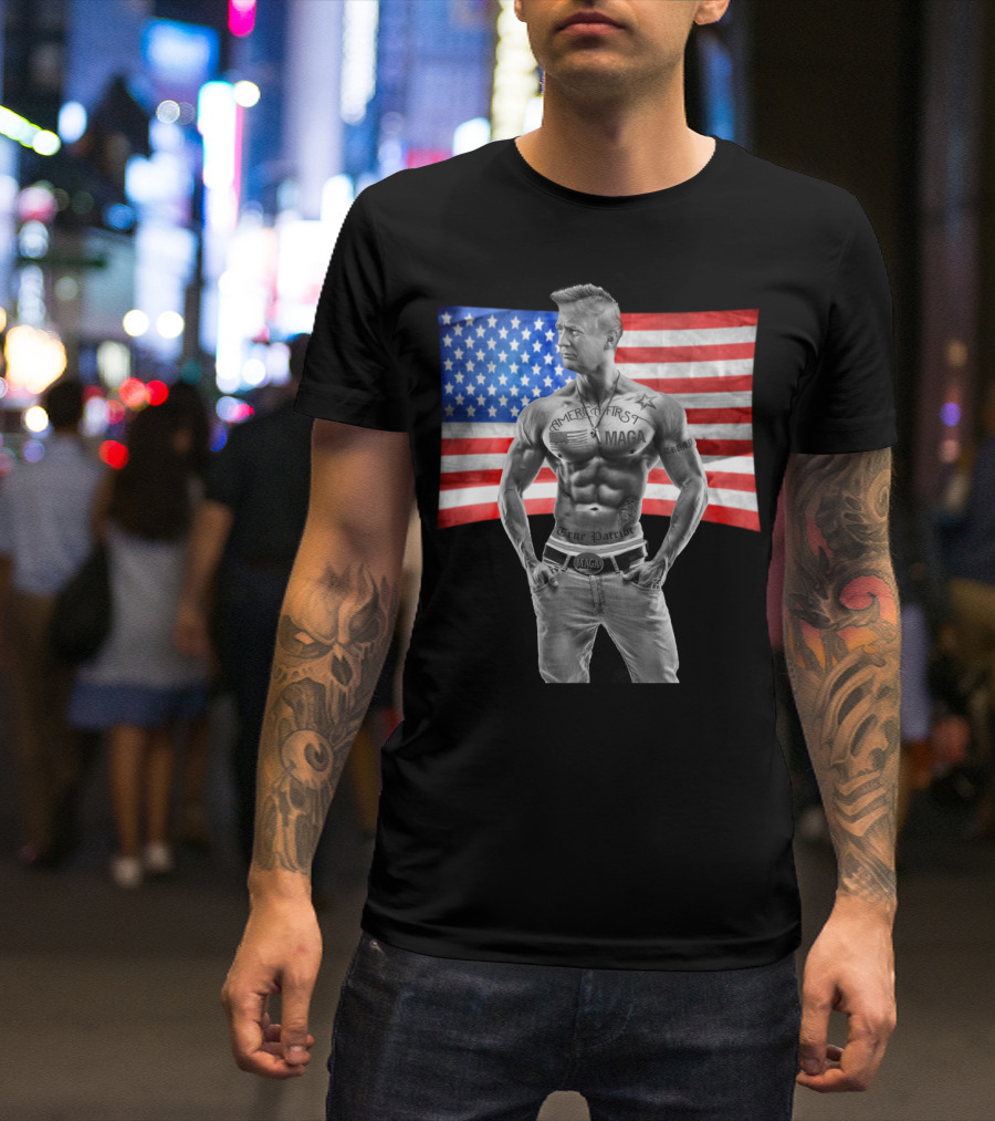 Gangster Trump America First Tattoo Muscles Pro Republican MAGA Belt True Patriot USA Flag T-Shirt