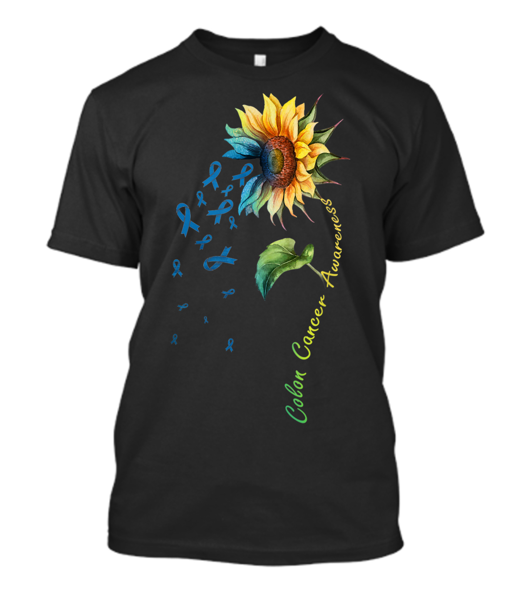 Colon Cancer Awareness Sunflower With Blue Ribbon Symbols T-Shirt