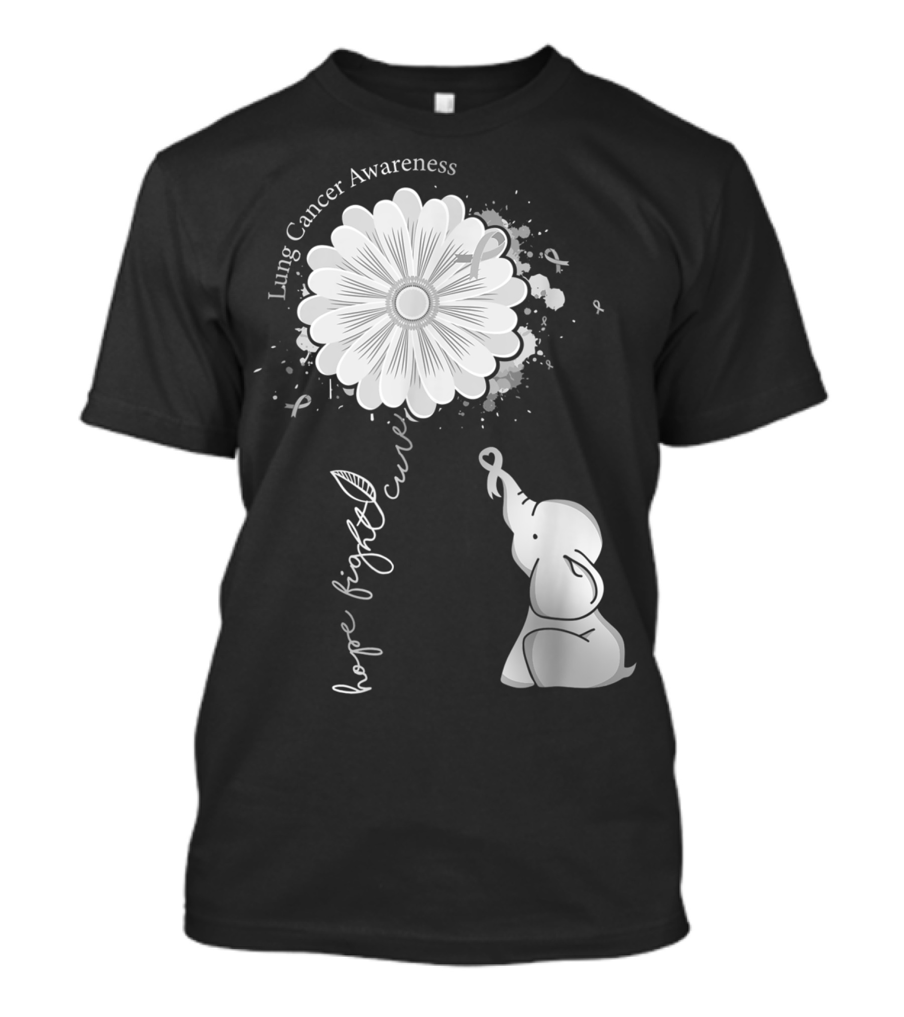 Lung Cancer Awareness Hope Fight Cure Elephant White Ribbon Flower T-Shirt