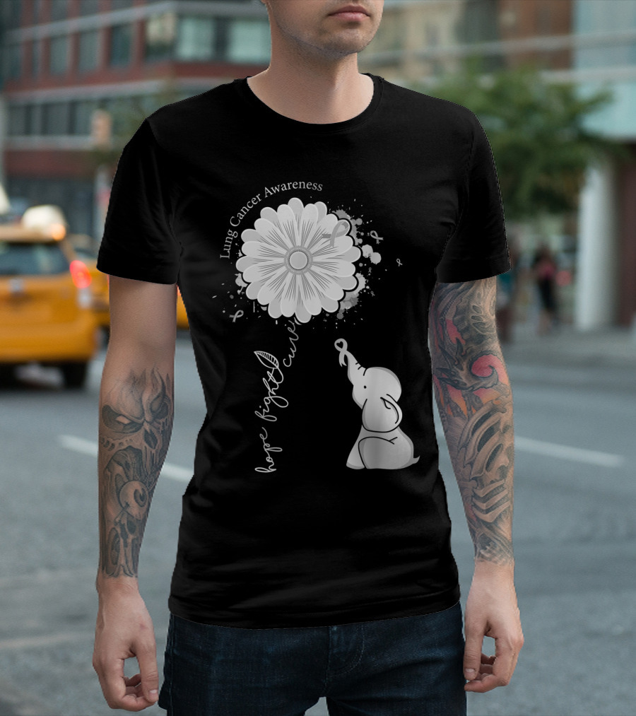 Lung Cancer Awareness Hope Fight Cure Elephant White Ribbon Flower T-Shirt