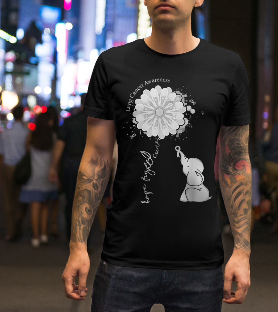 Lung Cancer Awareness Hope Fight Cure Elephant White Ribbon Flower T-Shirt