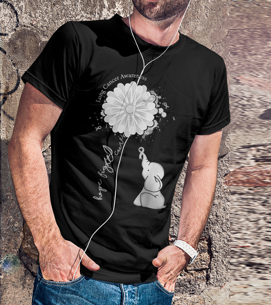 Lung Cancer Awareness Hope Fight Cure Elephant White Ribbon Flower T-Shirt