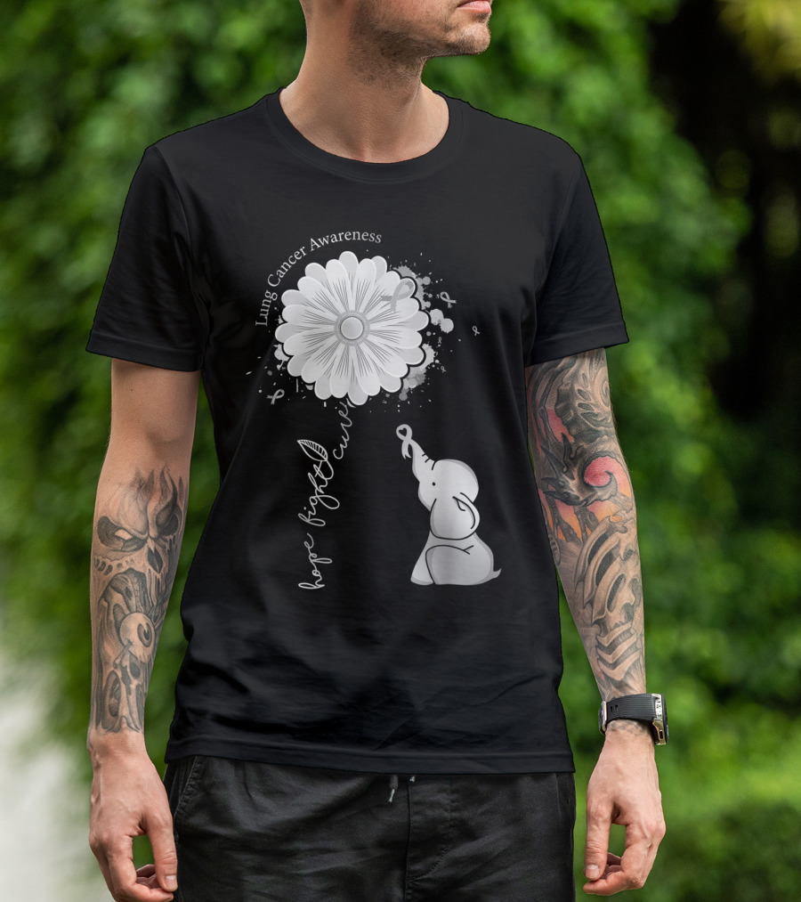 Lung Cancer Awareness Hope Fight Cure Elephant White Ribbon Flower T-Shirt