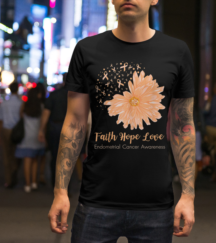 Faith Hope Love Endometrial Cancer Awareness Ribbon Flower T-Shirt