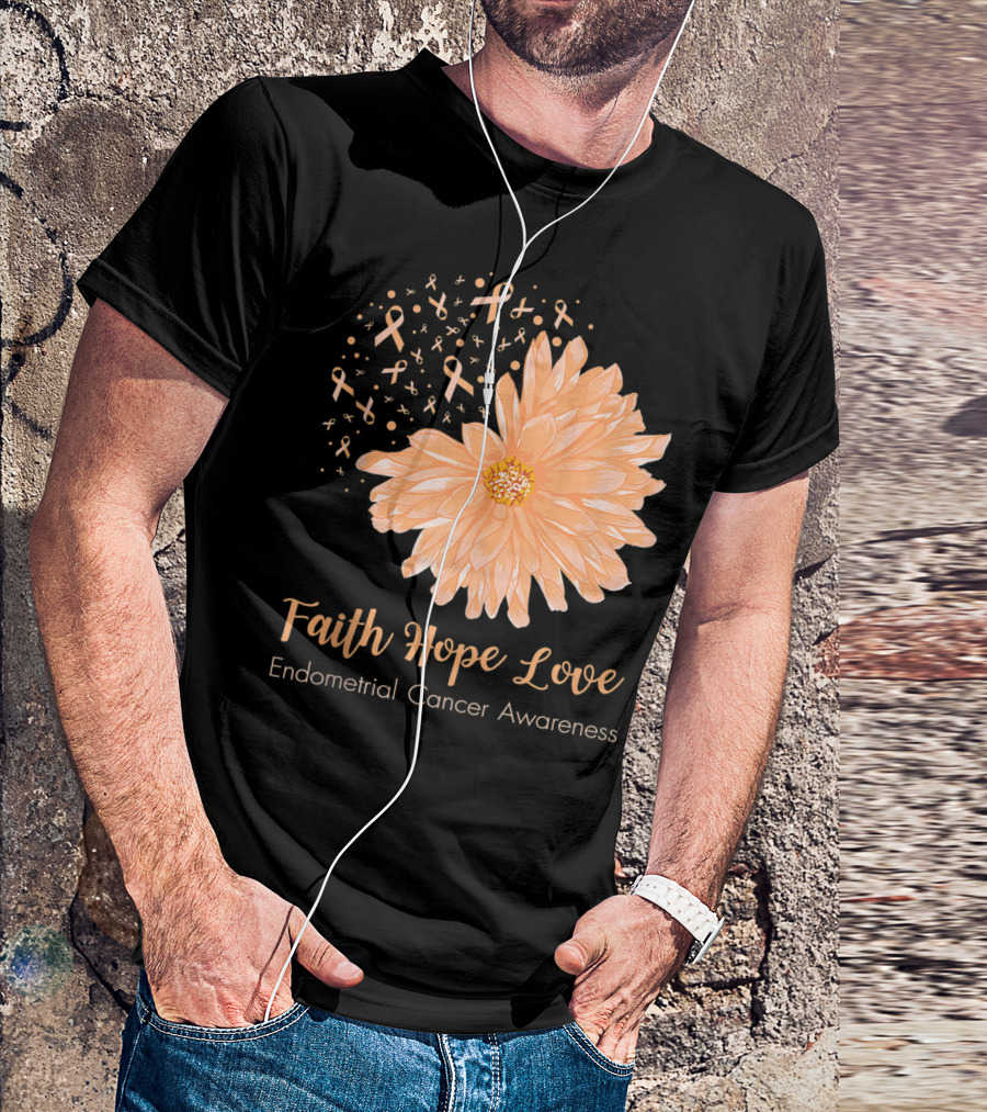 Faith Hope Love Endometrial Cancer Awareness Ribbon Flower T-Shirt