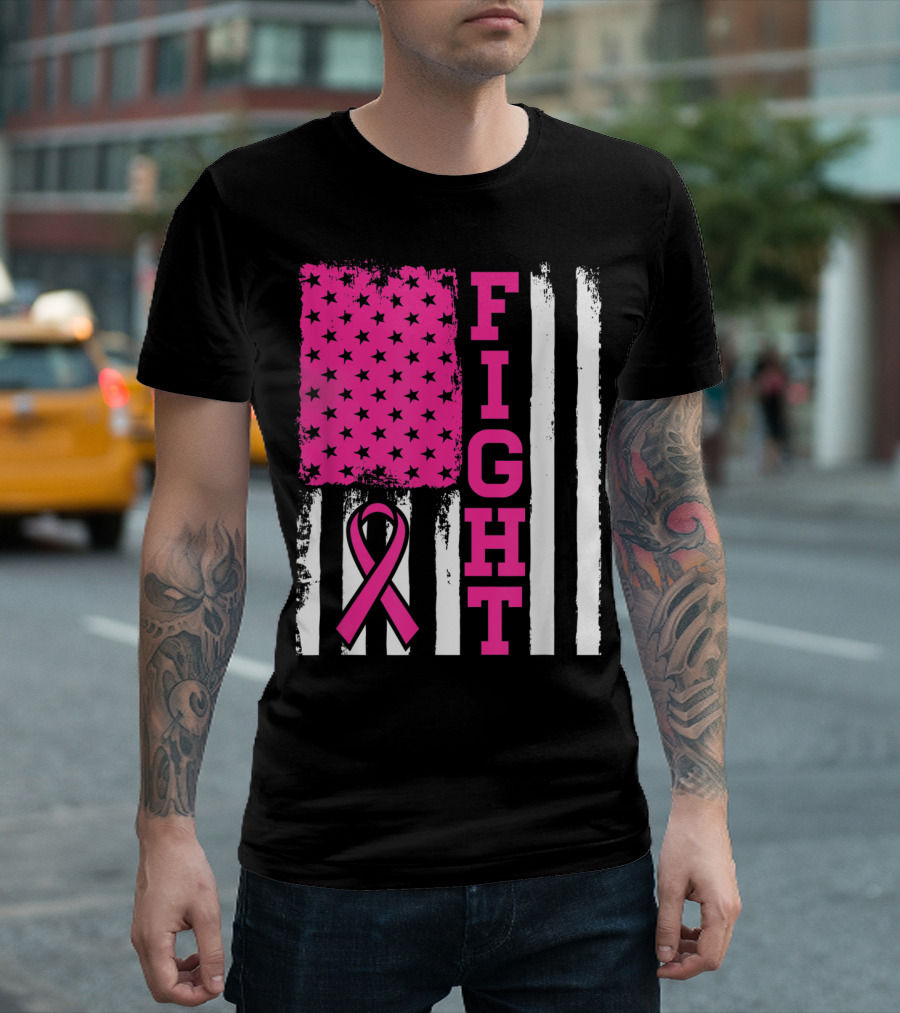FIGHT Breast Cancer Awareness American Flag Pink T-Shirt