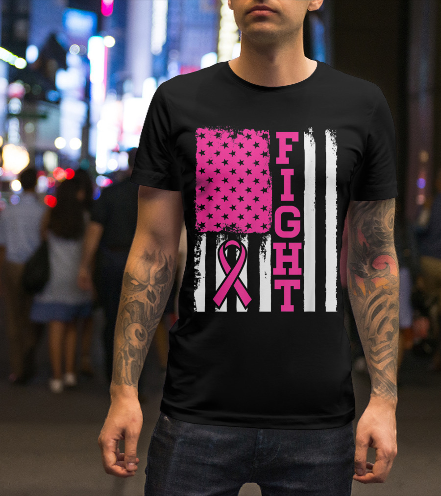 FIGHT Breast Cancer Awareness American Flag Pink T-Shirt