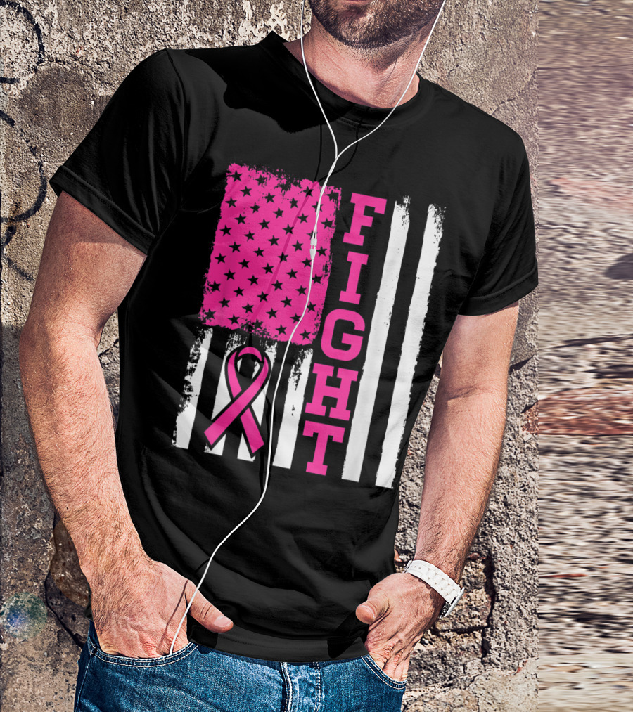 FIGHT Breast Cancer Awareness American Flag Pink T-Shirt