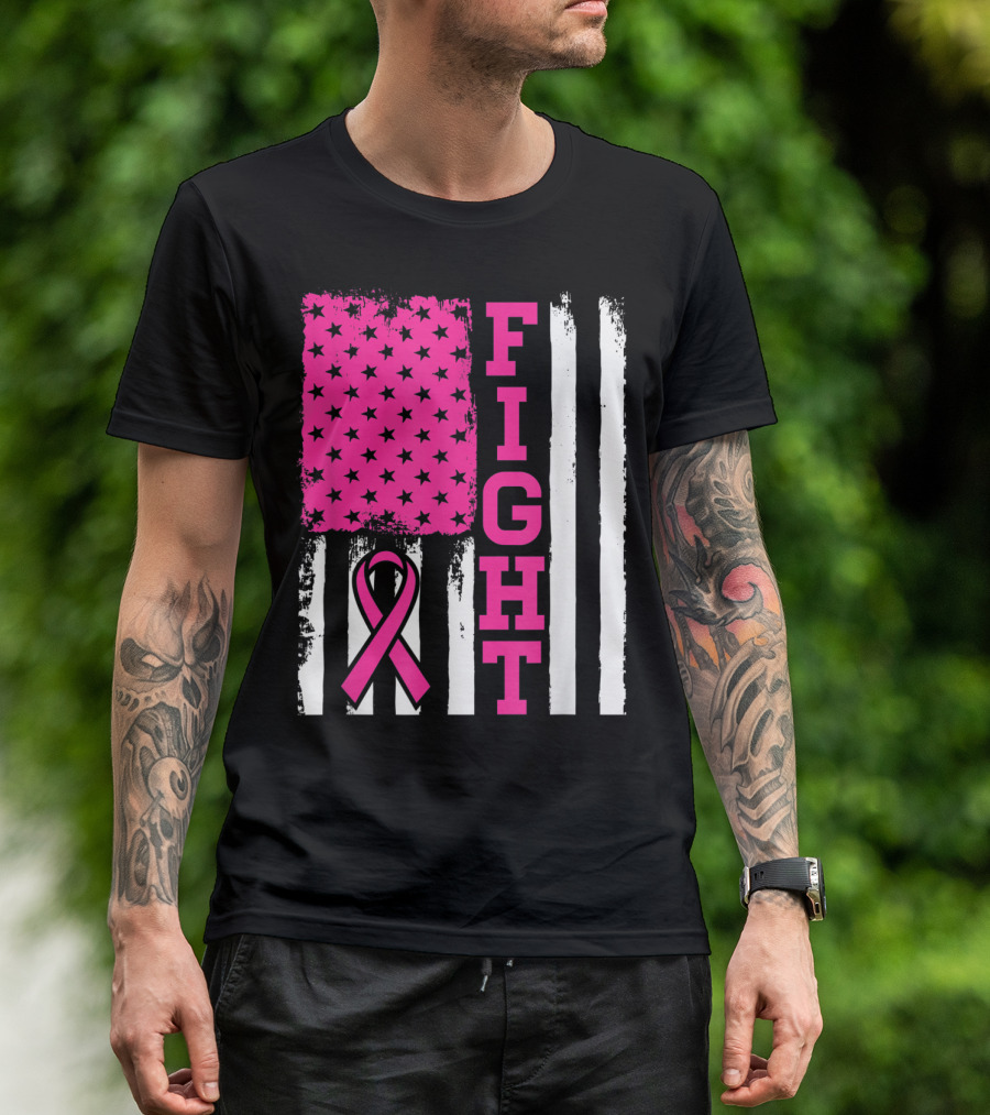 FIGHT Breast Cancer Awareness American Flag Pink T-Shirt