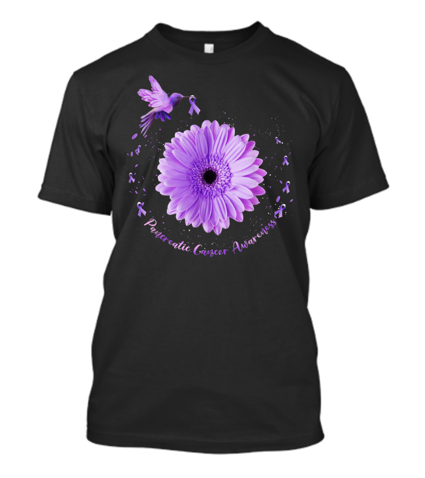 Hummingbird Purple Sunflower Pancreatic Cancer Awareness T-Shirt