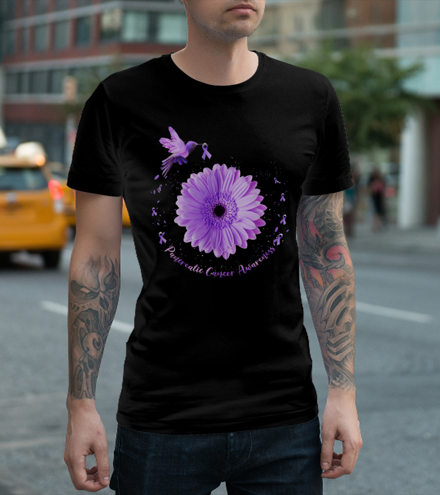 Hummingbird Purple Sunflower Pancreatic Cancer Awareness T-Shirt