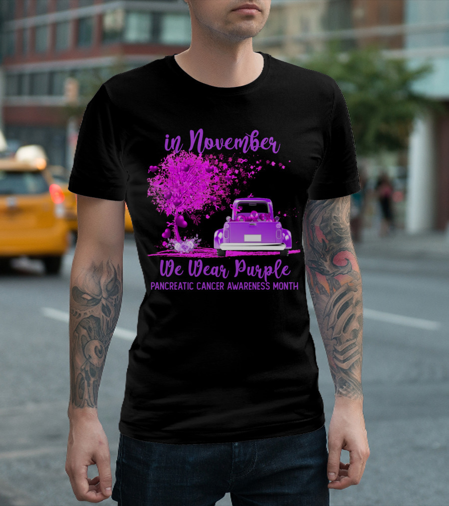 In November We Wear Purple Pancreatic Cancer Awareness Month Tree and Truck T-Shirt