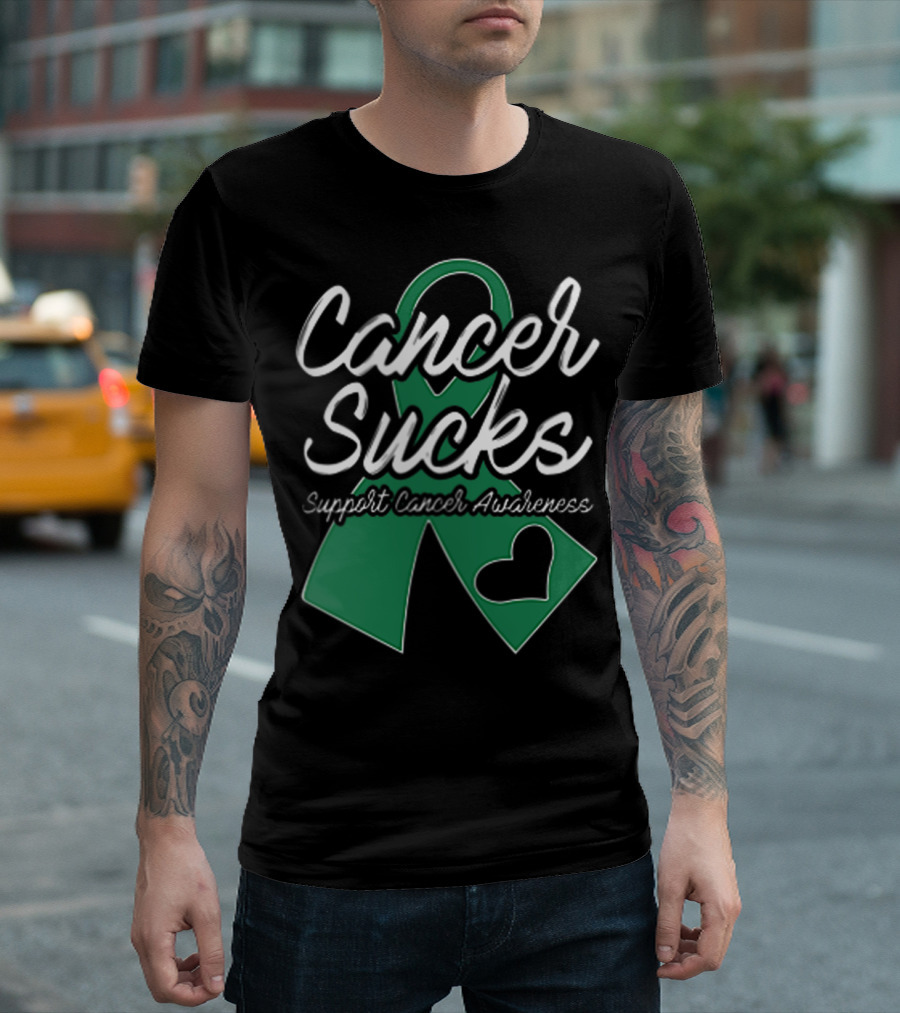 Cancer Sucks Support Cancer Awareness Green Ribbon With Heart T-Shirt