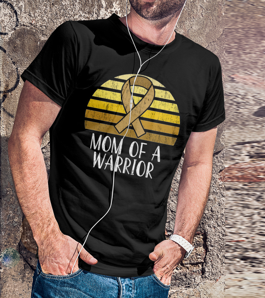 Mom Of A Warrior Childhood Cancer Awareness Yellow Ribbon Sunburst T-Shirt