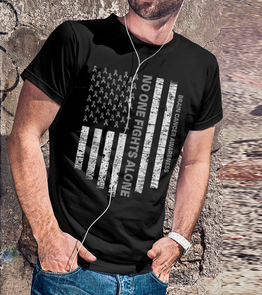 No One Fights Alone Brain Cancer Awareness USA Flag T-Shirt