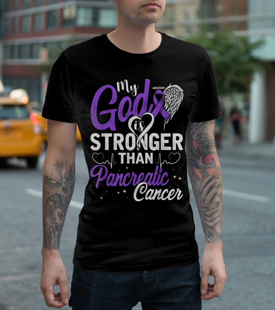 My God Is Stronger Than Pancreatic Cancer Purple Awareness T-Shirt