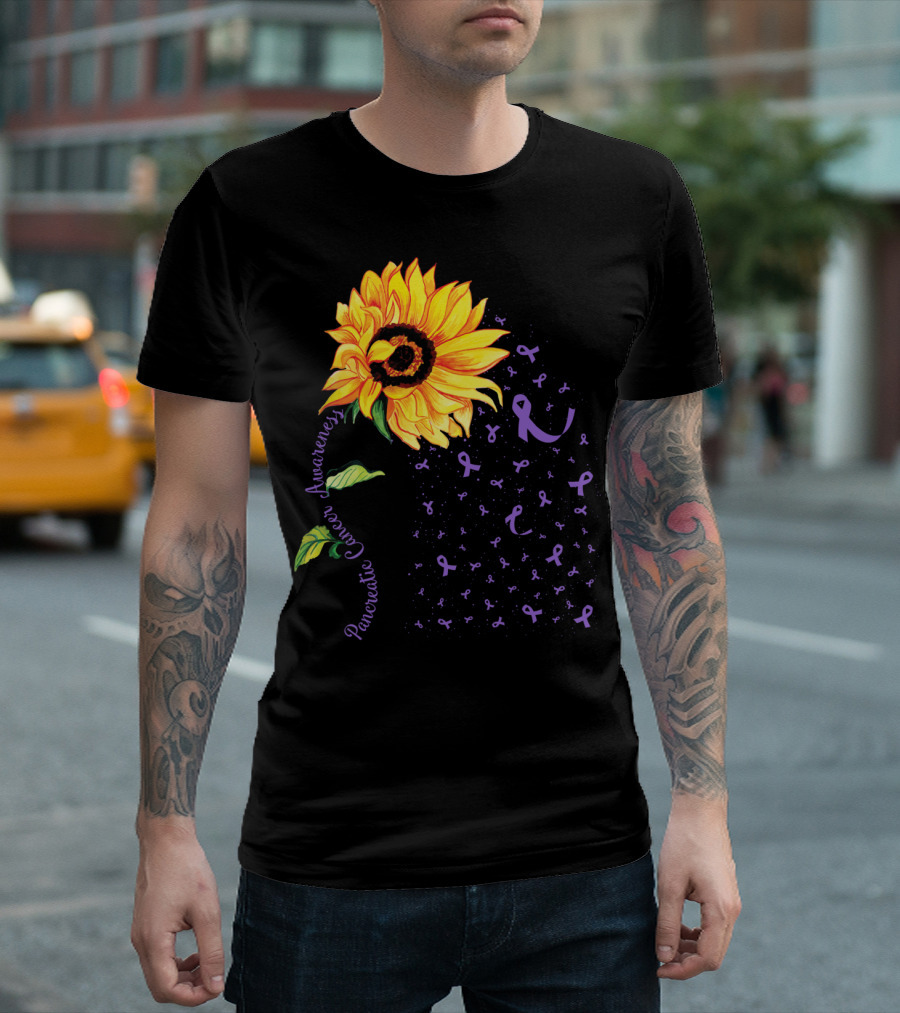 Sunflower Pancreatic Cancer Awareness Purple Ribbon T-Shirt